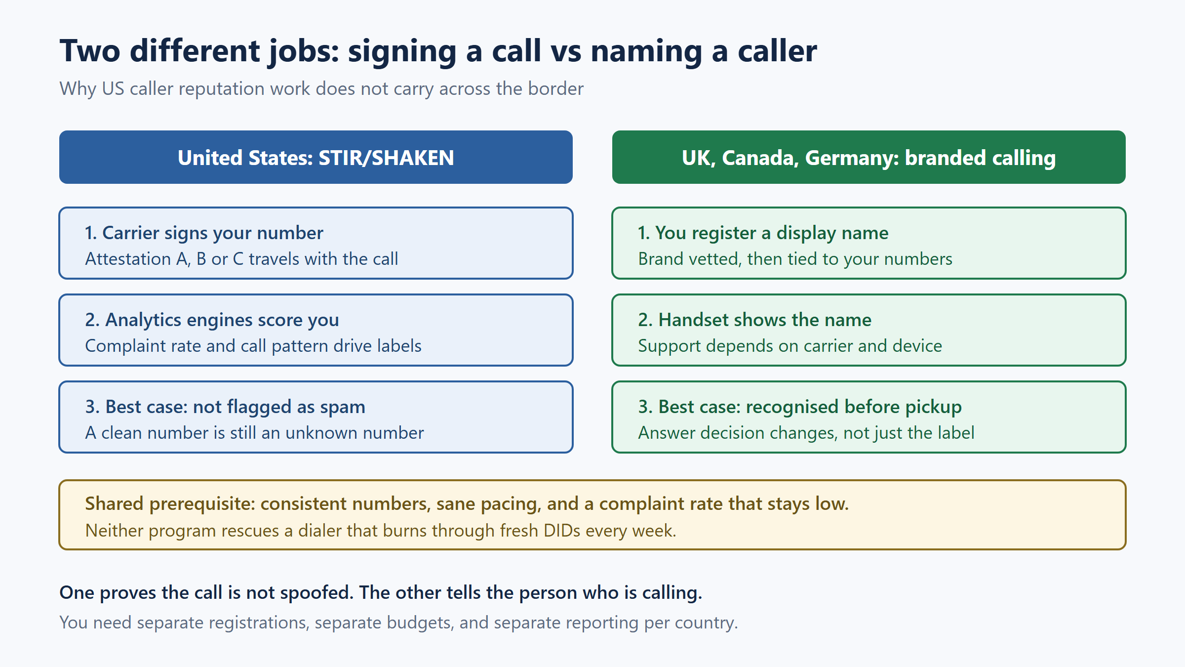 Side by side comparison of US STIR SHAKEN call signing and non US branded calling display name registration for auto dialer software